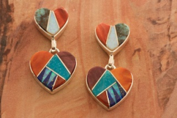 Calvin Begay Genuine Gemstones Sterling Silver Double Heart Earrings